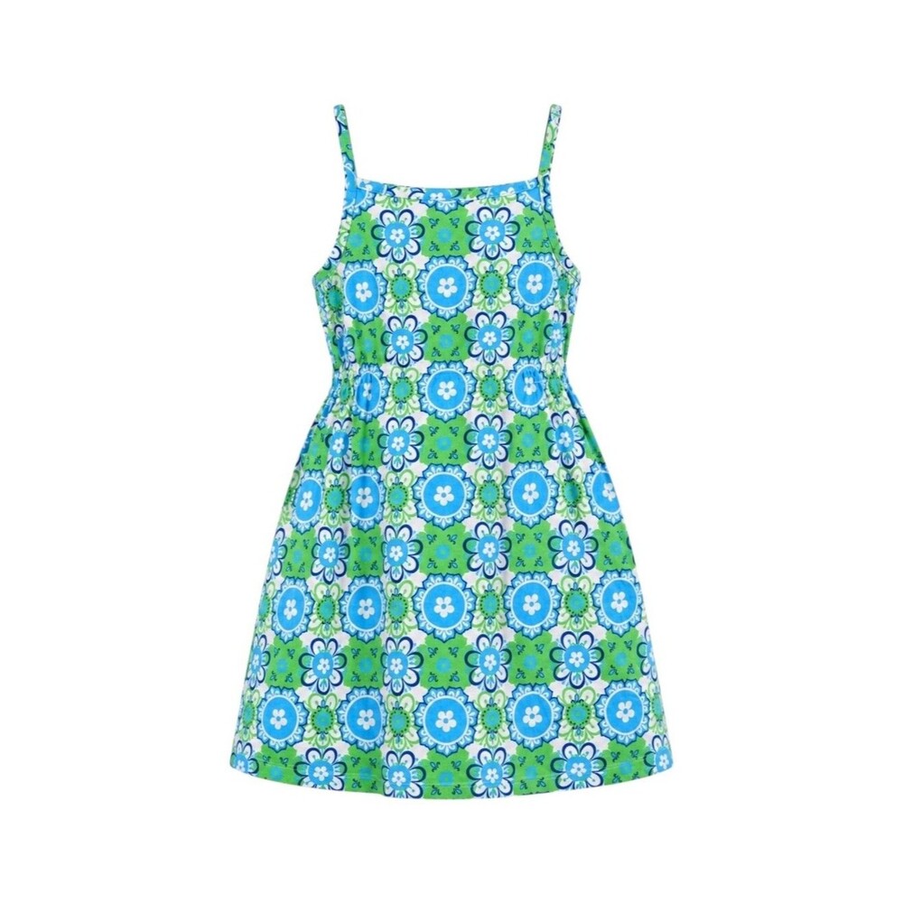 Hanna Andersson Kids Sundress Cotton White Blue Green Geometric Girls 110 5 5T